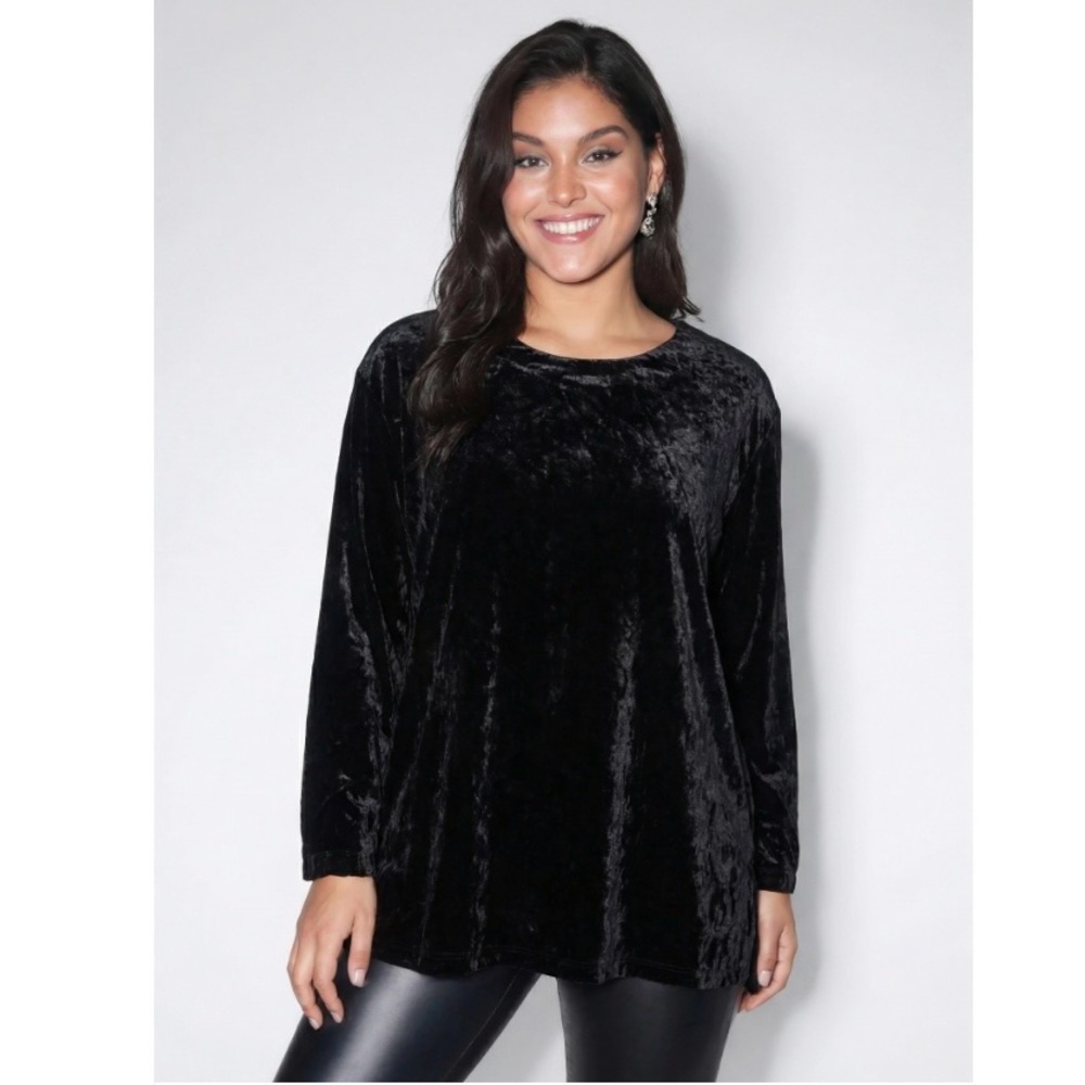 CP Shades Shirt L Womens Black Velvet Rayon Round Neck Classic 3/4 Sleeves